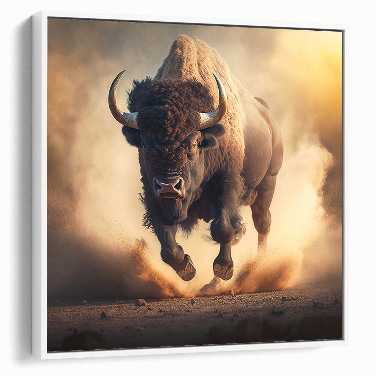 Framed wall art featuring a side view of a majestic buffalo in a natural landscape, showcasing intricate details and vibrant colors, ideal for wildlife enthusiasts and home decor.