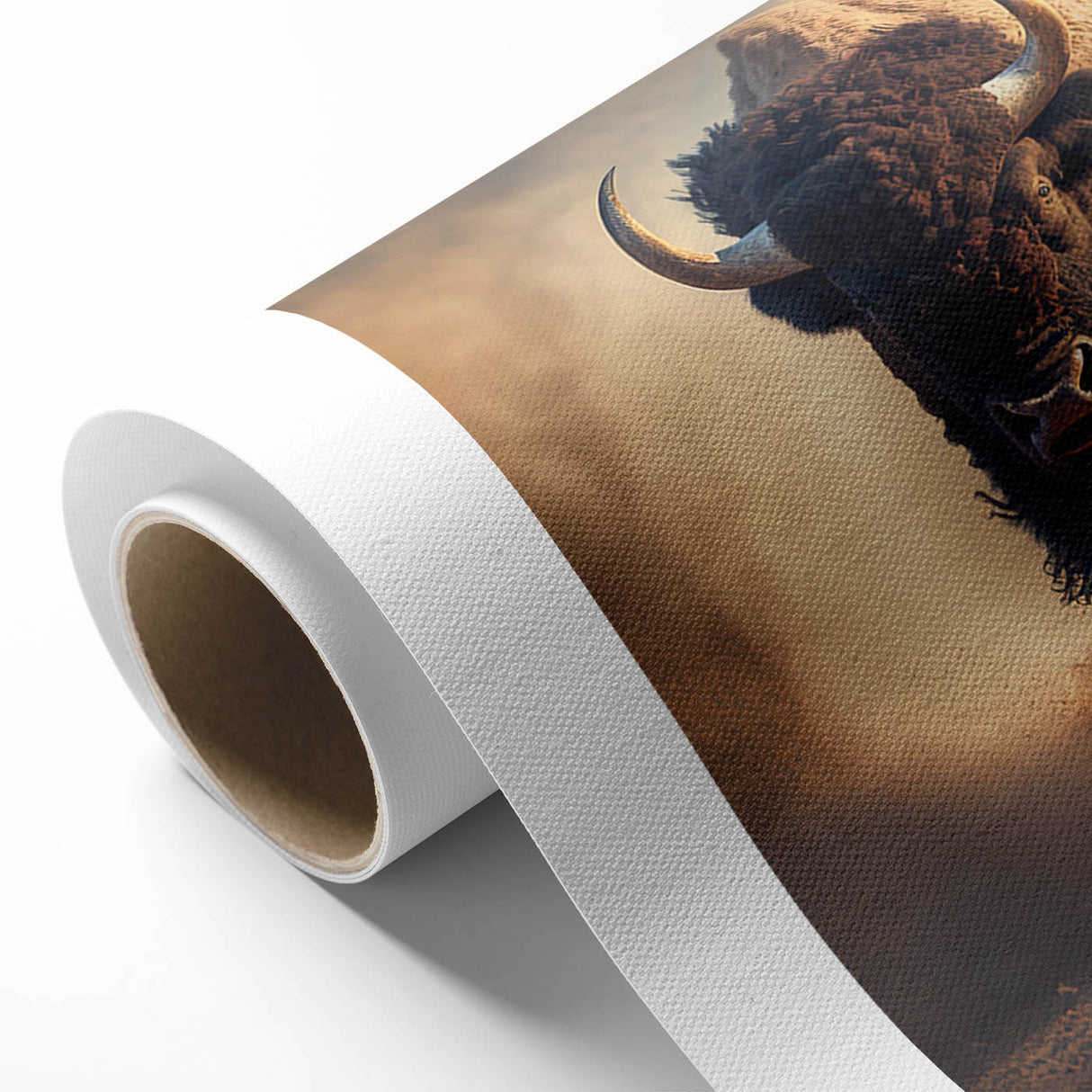 Buffalo wall art design showcasing a majestic bison on rolled canvas, ideal for wildlife enthusiasts. The vibrant colors and intricate details capture the essence of nature, perfect for home decor.