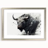 Framed wall art showcasing a majestic buffalo design, featuring a silver mat and sleek frame, perfect for enhancing wildlife-themed decor in any room.