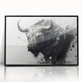 Framed wall art showcasing a striking black buffalo design, featuring intricate details and a sleek acrylic finish, perfect for wildlife decor enthusiasts.