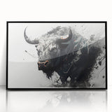 Framed wall art showcasing a striking black buffalo design, featuring intricate details and a sleek acrylic finish, perfect for wildlife decor enthusiasts.