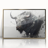 Framed acrylic wall art featuring a striking gold-accented buffalo design, showcasing intricate details and vibrant colors, perfect for wildlife enthusiasts and modern decor.