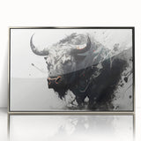 Framed wall art featuring a stunning front view of a silver-accented buffalo design, ideal for wildlife enthusiasts and modern decor. Perfect for enhancing interior aesthetics.