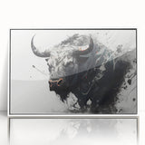 Framed wall art displaying a majestic buffalo in a natural setting, featuring a white frame and acrylic glass, ideal for wildlife enthusiasts and home decor.