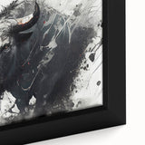Close-up of a framed canvas wall art featuring a vivid, detailed image of a buffalo, showcasing its strong features and natural textures, perfect for wildlife decor.