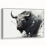 Framed wall art of a bison in a white setting, showcasing intricate details and vibrant colors, perfect for wildlife enthusiasts and home decor.