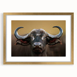 Buffalo wall art from the A Bisson Design collection, framed in gold with a mat, showcasing a majestic buffalo in a natural setting, ideal for wildlife enthusiasts.