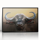 Framed wall art featuring a striking design of a buffalo, showcasing rich black and white colors, ideal for wildlife enthusiasts and modern decor.