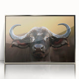 Framed wall art featuring a detailed silver-accented design of a buffalo, showcasing vibrant colors and textures, perfect for wildlife enthusiasts and home decor.