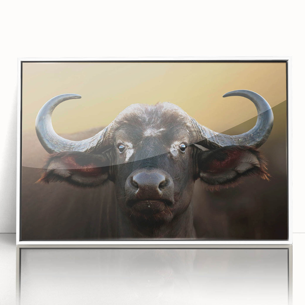 Framed wall art featuring a striking bison design on a white background, showcasing intricate details and vibrant colors, ideal for wildlife enthusiasts and home decor.