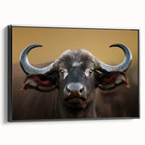 Framed canvas wall art depicting a majestic buffalo in a serene landscape, showcasing intricate details and textures, ideal for wildlife enthusiasts and home decor.