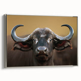 Framed wall art featuring a striking side view of a bison against a silver background, showcasing intricate details of the buffalo's fur and majestic horns, perfect for wildlife enthusiasts.