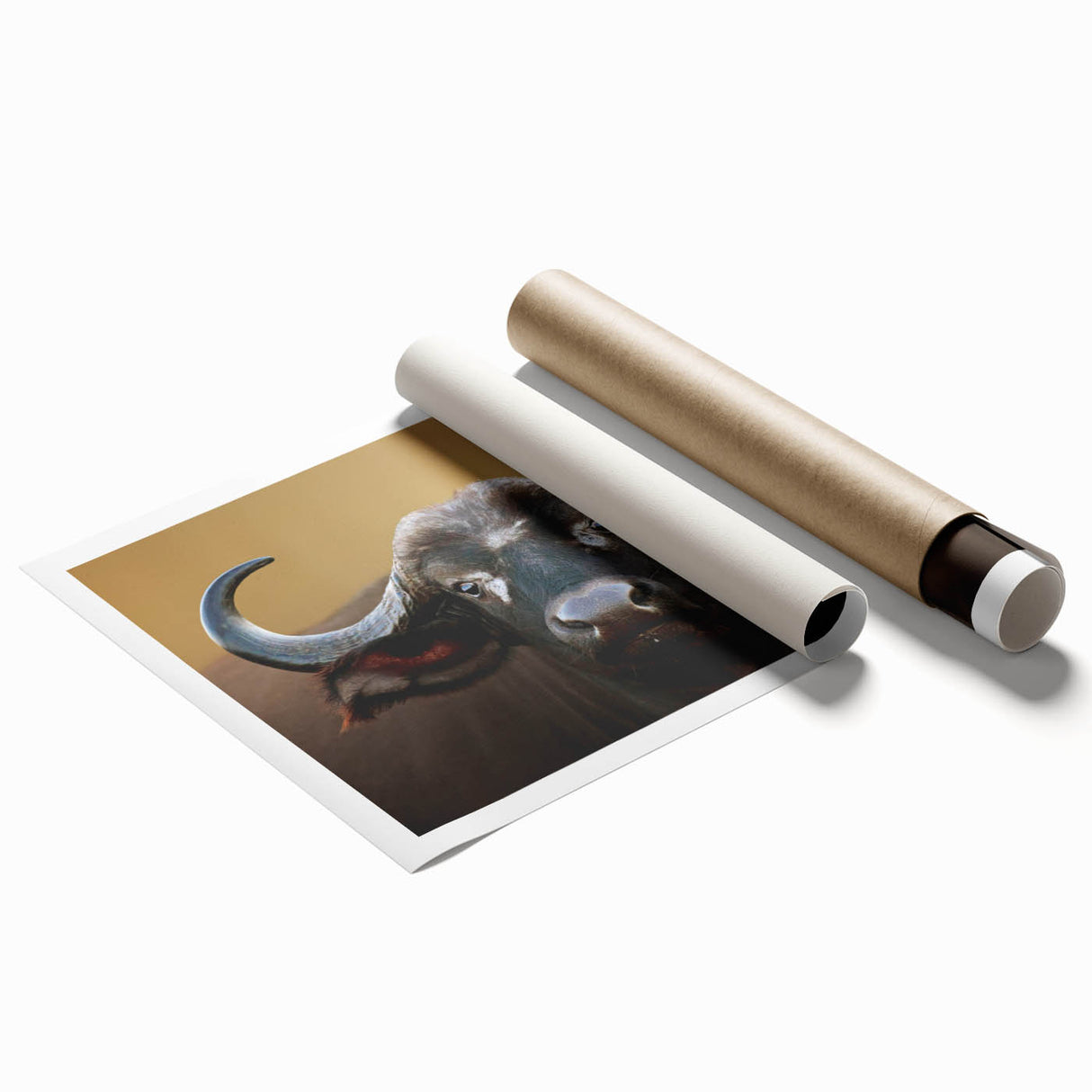 Buffalo wall art print showcasing a striking bison design in rich earthy tones, rolled and ready for display, ideal for wildlife enthusiasts and home decor.