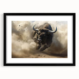 Black-framed wall art featuring a striking design of a buffalo in a wild habitat, ideal for nature enthusiasts looking to enhance their interior decor.