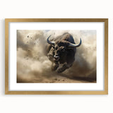 Framed wall art of a majestic buffalo design in a gold frame, featuring intricate details and a mat background, perfect for wildlife enthusiasts and home decor.