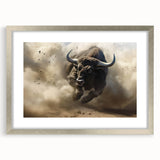 Framed wall art showcasing a majestic buffalo in a striking bison design, featuring a sleek silver frame and white mat, perfect for wildlife enthusiasts' decor.