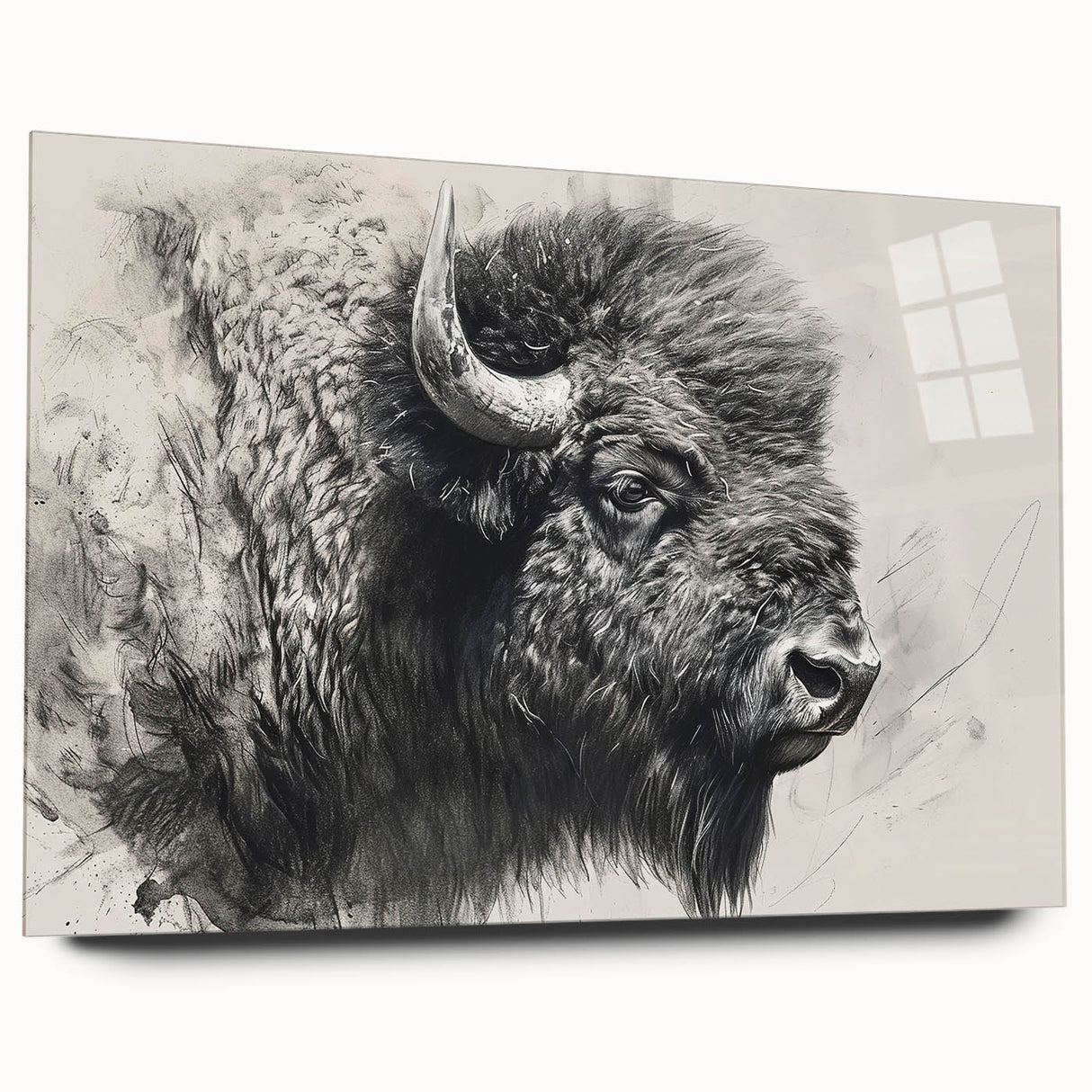 Side view of a buffalo wall art piece displayed in an acrylic frame, showcasing intricate bison design details and vibrant colors, ideal for wildlife enthusiasts.