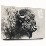 Side view of a buffalo wall art piece displayed in an acrylic frame, showcasing intricate bison design details and vibrant colors, ideal for wildlife enthusiasts.