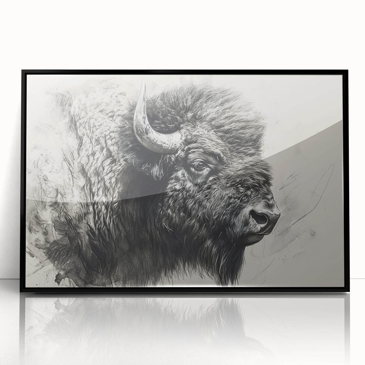 Framed wall art design showcasing a striking black buffalo silhouette against a vibrant background, perfect for wildlife enthusiasts and modern decor. This acrylic piece adds a bold touch to any space, highlighting the beauty of nature and animal artistry.