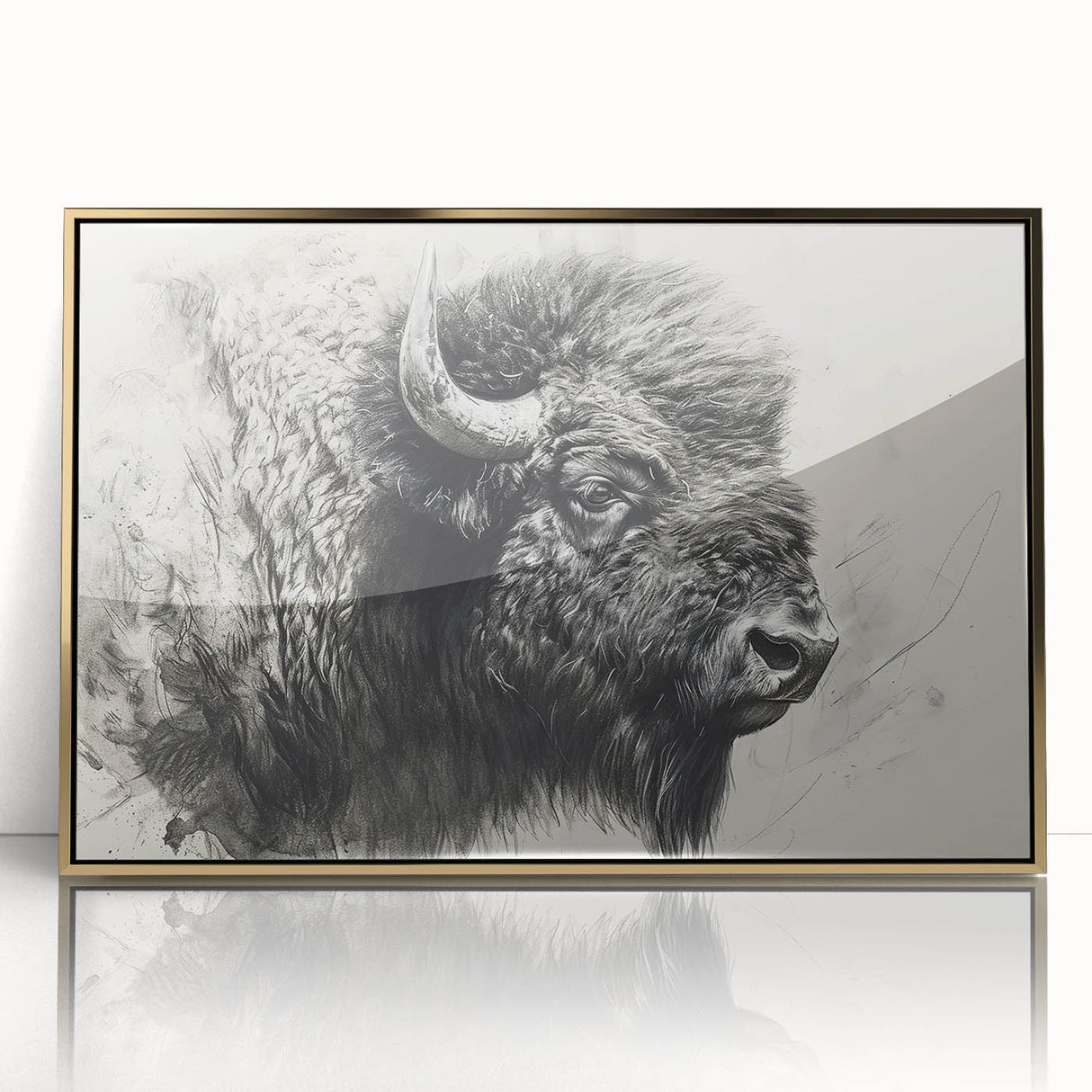 Framed acrylic wall art featuring a majestic buffalo design in gold accents, showcasing detailed textures and vibrant colors, perfect for wildlife enthusiasts.