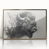Framed acrylic wall art featuring a majestic buffalo design in gold accents, showcasing detailed textures and vibrant colors, perfect for wildlife enthusiasts.