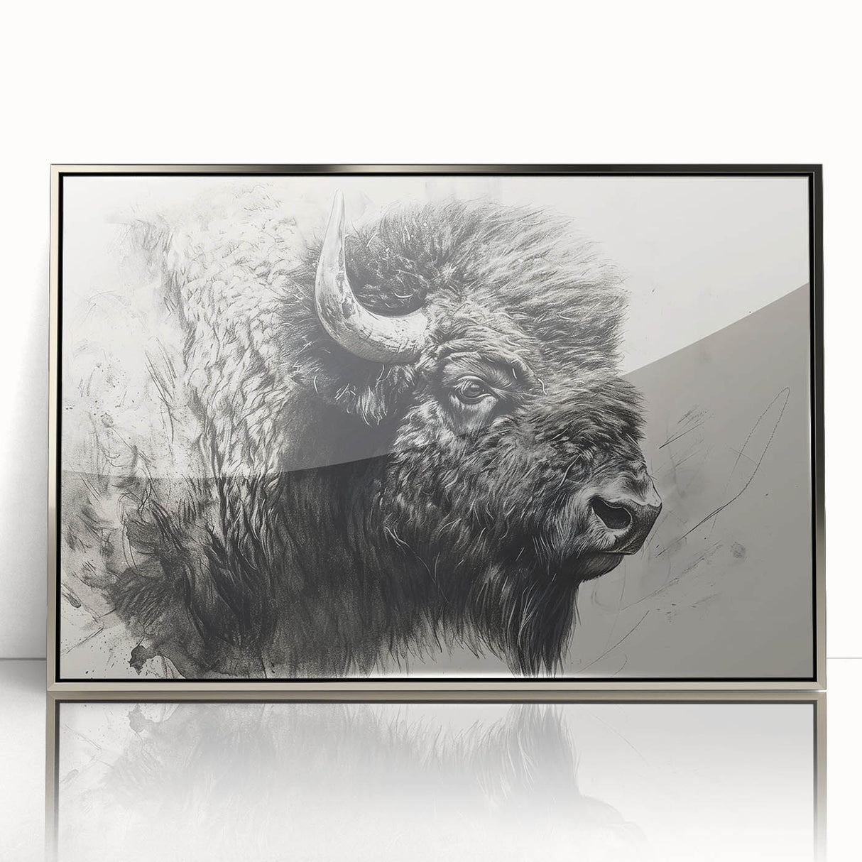 Framed acrylic wall art showcasing a majestic buffalo in a natural setting, highlighting intricate details and vibrant colors, perfect for wildlife enthusiasts and home decor.