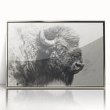 Framed acrylic wall art showcasing a majestic buffalo in a natural setting, highlighting intricate details and vibrant colors, perfect for wildlife enthusiasts and home decor.