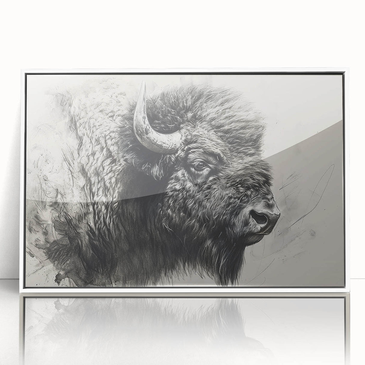 Framed wall art showcasing a striking buffalo design from the "A Bisson Design" collection, featuring a sleek white frame and vibrant colors, ideal for wildlife enthusiasts.