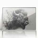 Framed wall art showcasing a striking buffalo design from the "A Bisson Design" collection, featuring a sleek white frame and vibrant colors, ideal for wildlife enthusiasts.