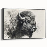 Framed wall art showcasing a side view of a majestic buffalo, designed in a contemporary style with bold colors, perfect for wildlife enthusiasts and modern decor.