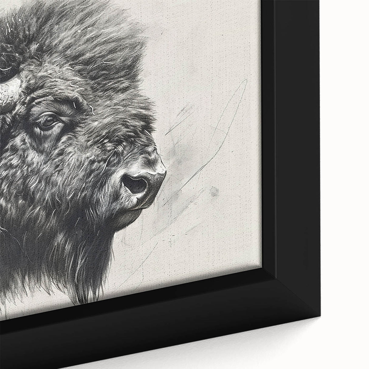 Close-up of a framed canvas wall art featuring a majestic buffalo design with intricate details and vibrant colors, perfect for adding a touch of wildlife decor to any space.