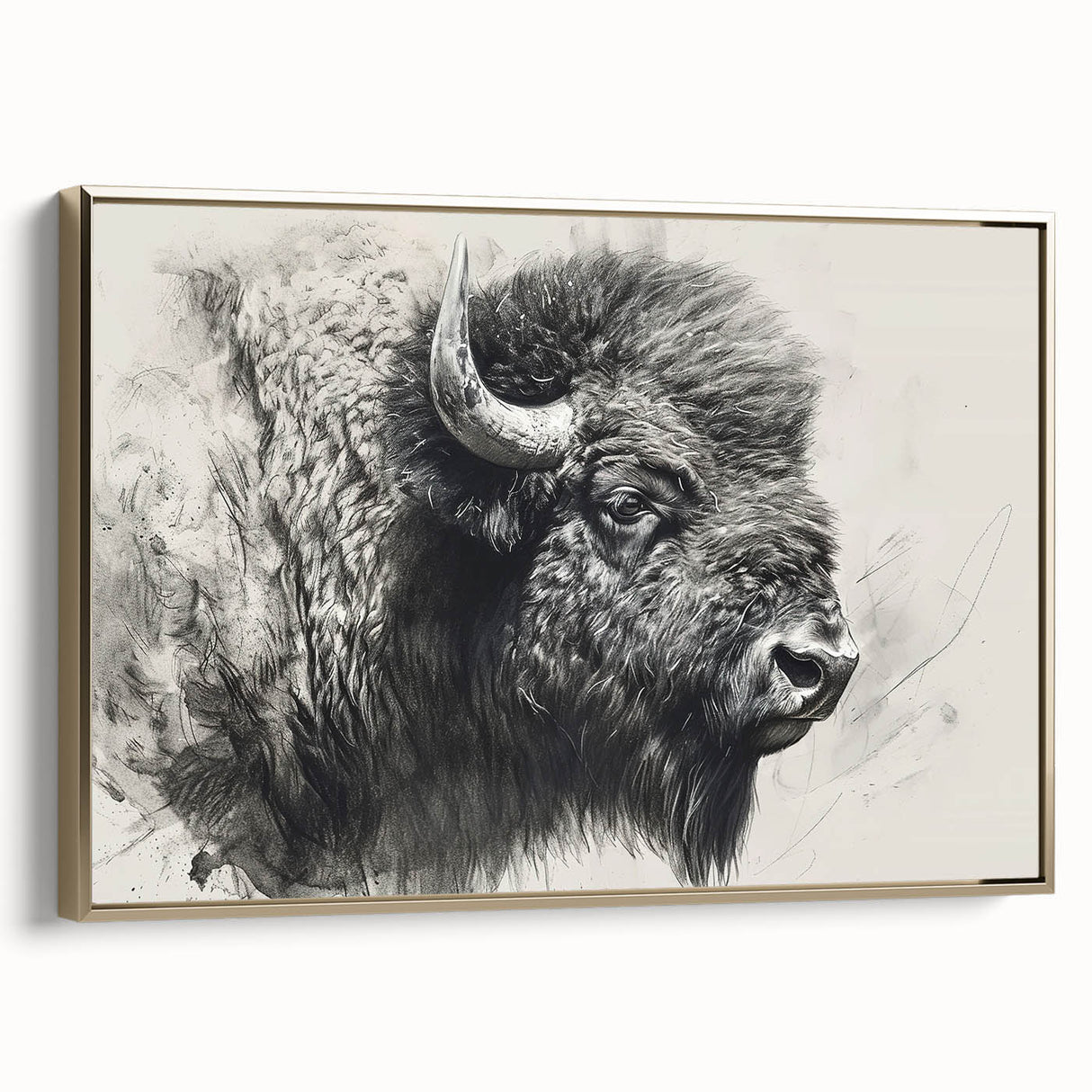 Framed wall art showcasing a side view of a majestic buffalo, designed by Bisson, featuring a gold border. This canvas piece adds elegance to wildlife decor.