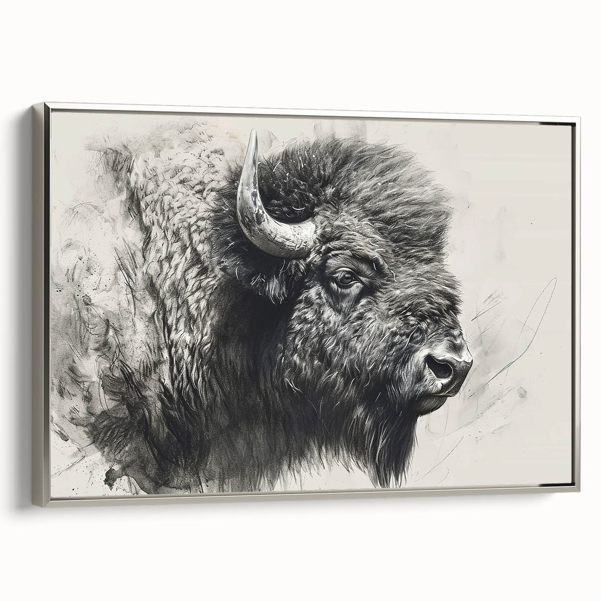 Framed canvas wall art depicting a majestic buffalo in a natural setting, showcasing intricate details and a silver frame, perfect for wildlife enthusiasts.
