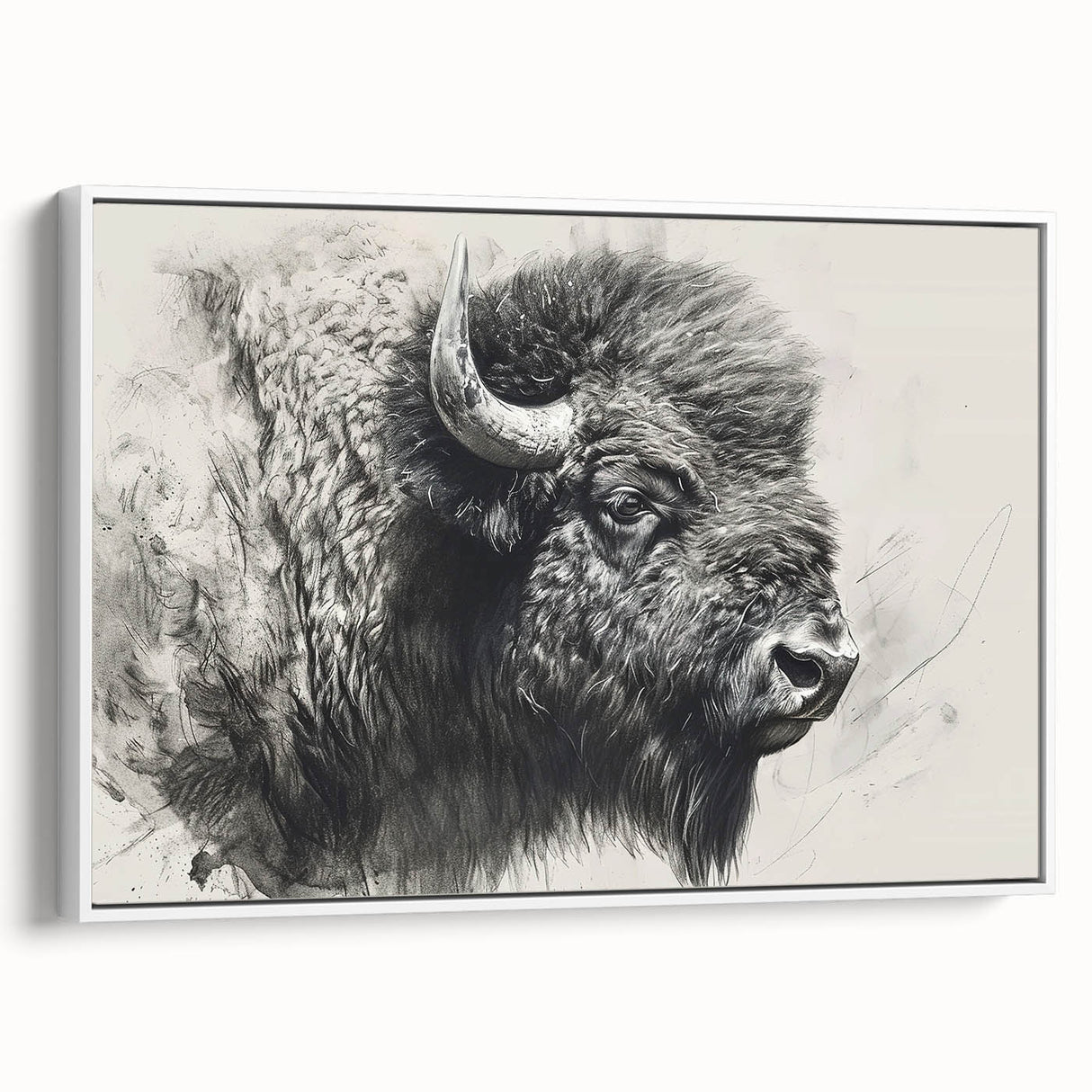 Framed wall art featuring a side view of a majestic buffalo, showcasing intricate design details against a white background, perfect for wildlife enthusiasts.