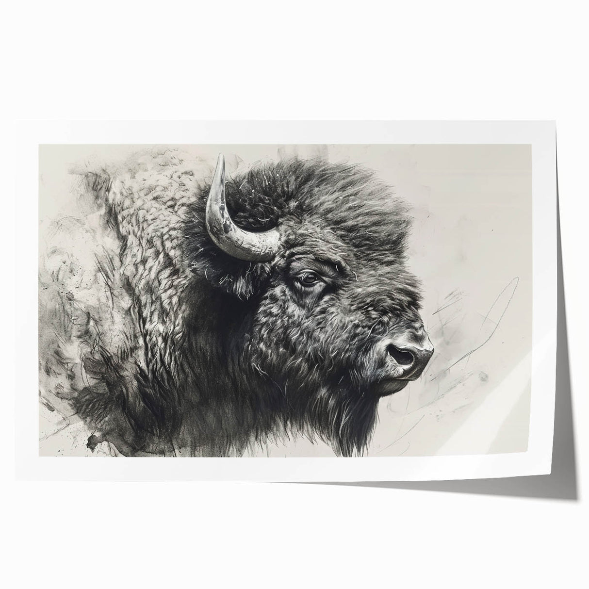 Buffalo wall art featuring a vibrant illustration of a bison in a natural setting, perfect for wildlife enthusiasts, decor for homes, or offices. This rolled print showcases detailed textures and colors, enhancing any space's aesthetic.