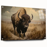 Acrylic wall art featuring a side view of a majestic buffalo, designed by Bisson, showcasing intricate details and vibrant colors, perfect for wildlife enthusiasts.