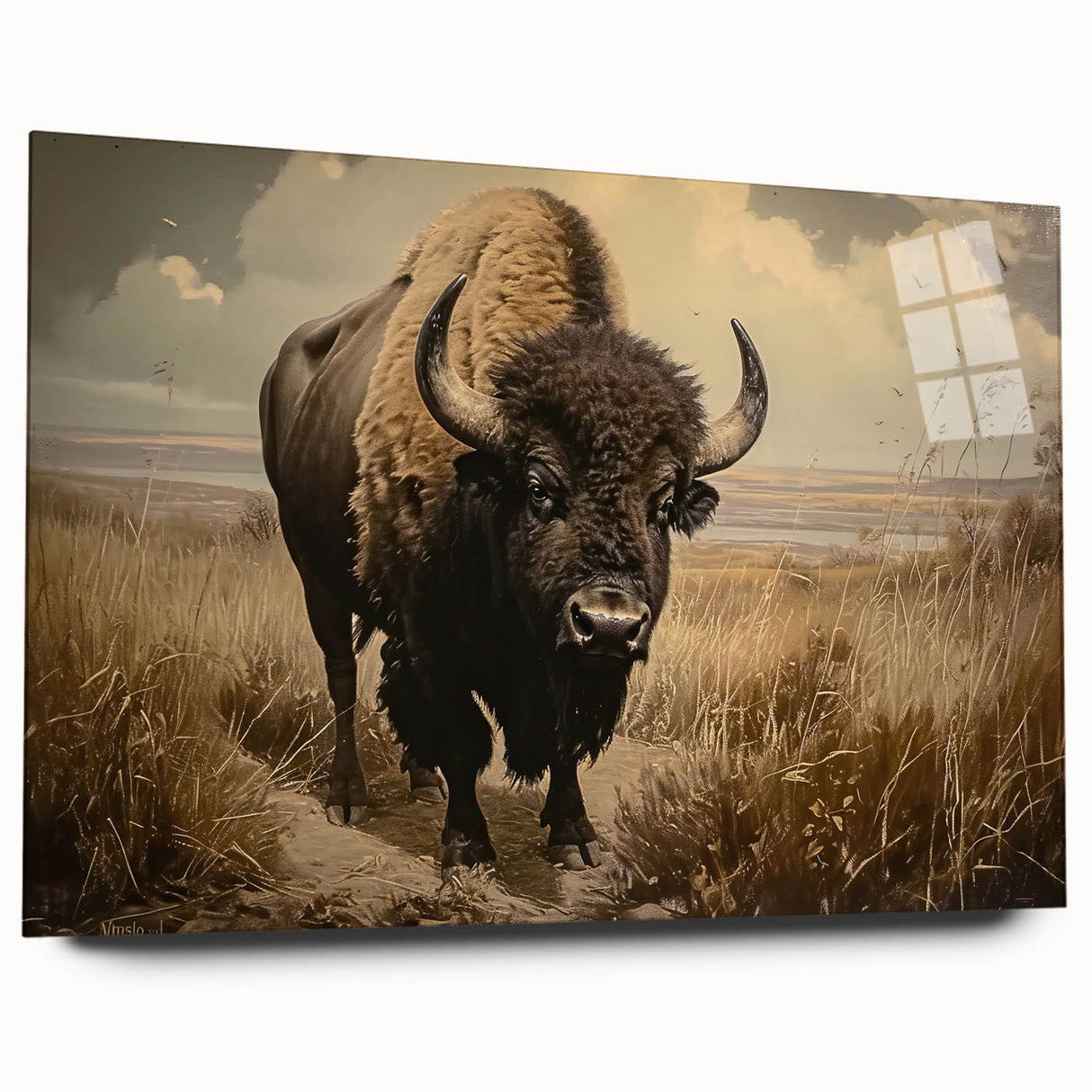 Side view of a buffalo wall art piece from the A Bisson Design collection, showcasing vibrant colors and intricate details on acrylic glass, perfect for wildlife enthusiasts.