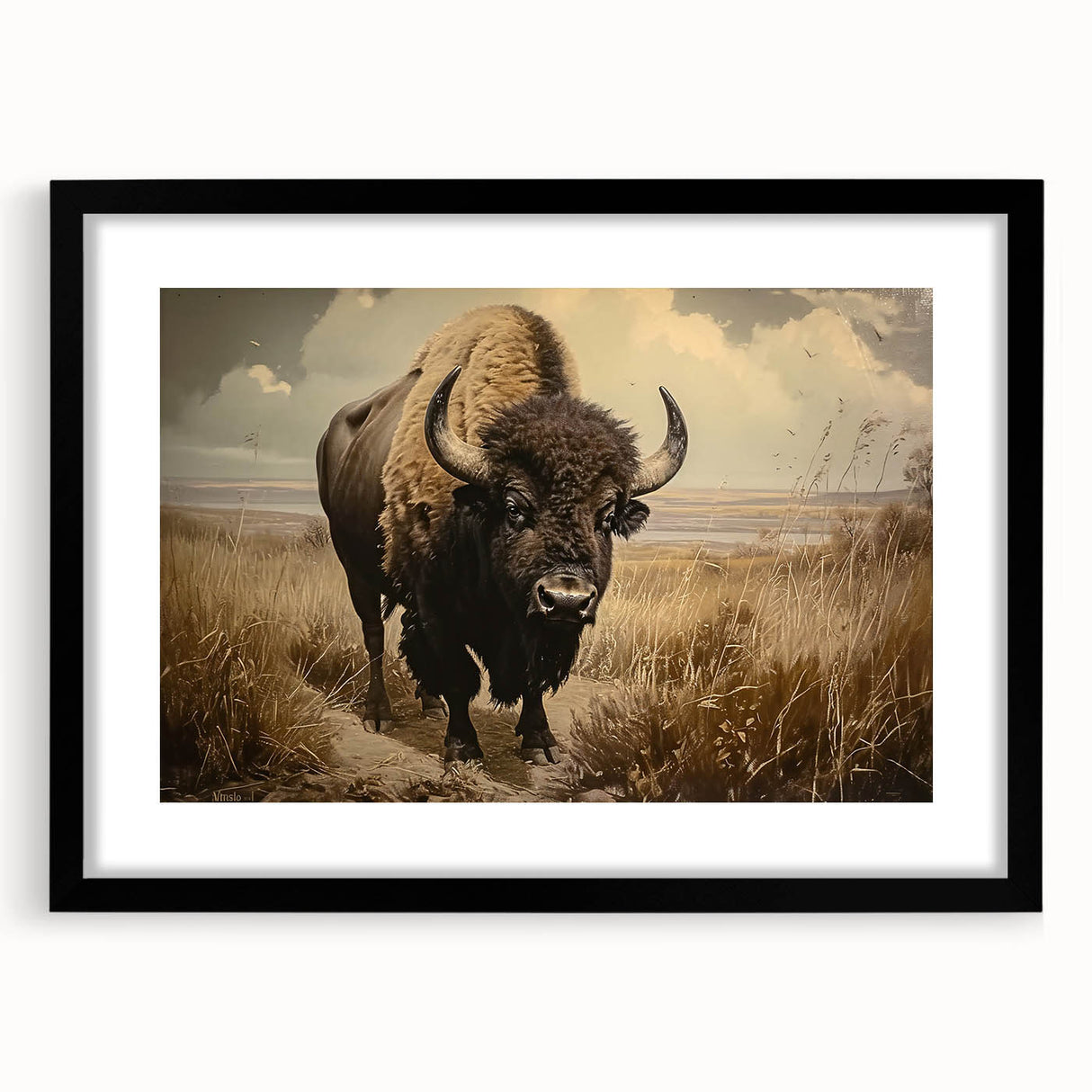 Framed wall art showcasing a striking black buffalo design, part of the A Wild Life collection, perfect for enhancing modern or rustic decor. The artwork features a matte finish and a sleek black frame, ideal for animal lovers and nature enthusiasts.