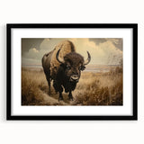 Framed wall art showcasing a striking black buffalo design, part of the A Wild Life collection, perfect for enhancing modern or rustic decor. The artwork features a matte finish and a sleek black frame, ideal for animal lovers and nature enthusiasts.