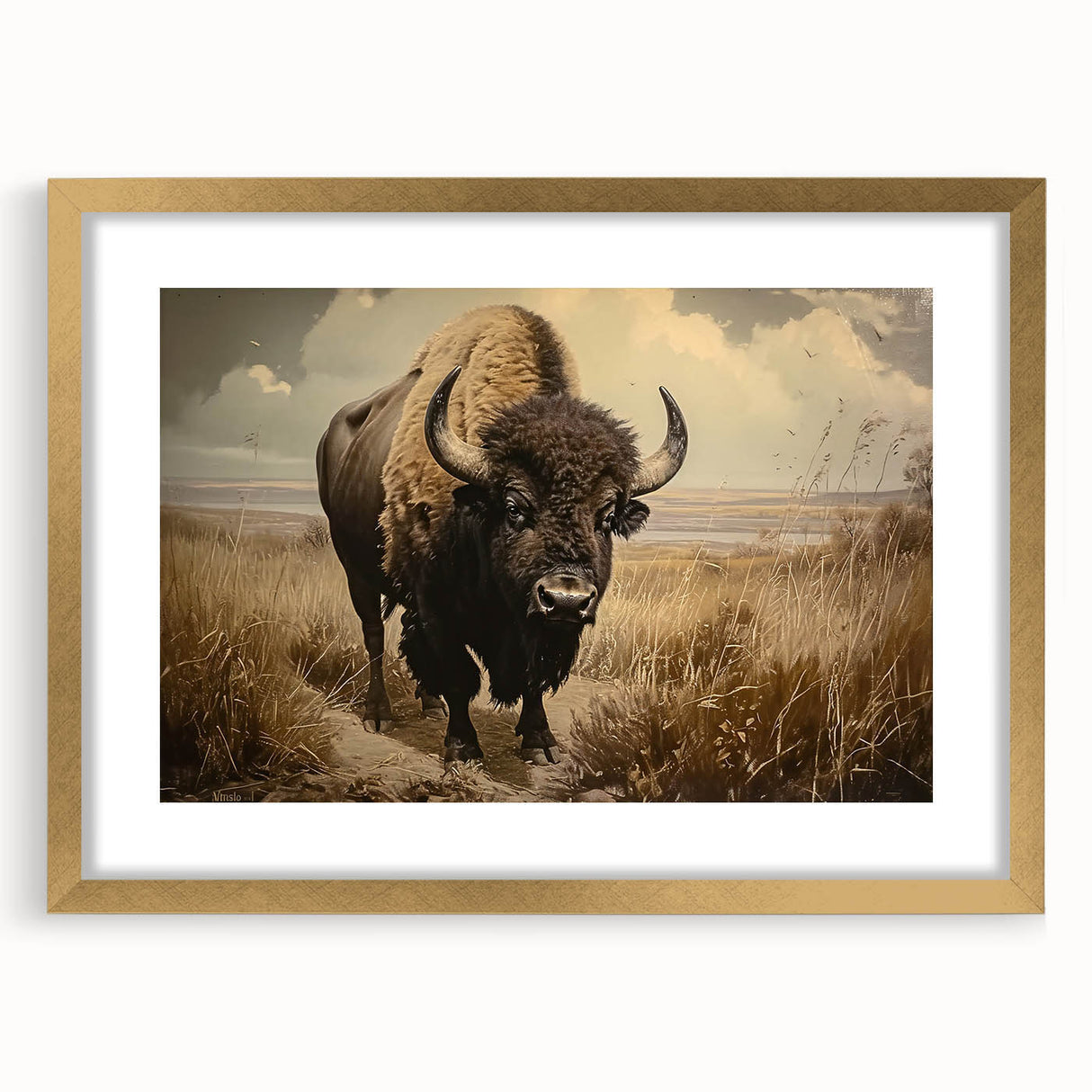 Framed wall art featuring a majestic buffalo design in a bison theme, highlighted with a gold frame and mat, perfect for wildlife enthusiasts and home decor.