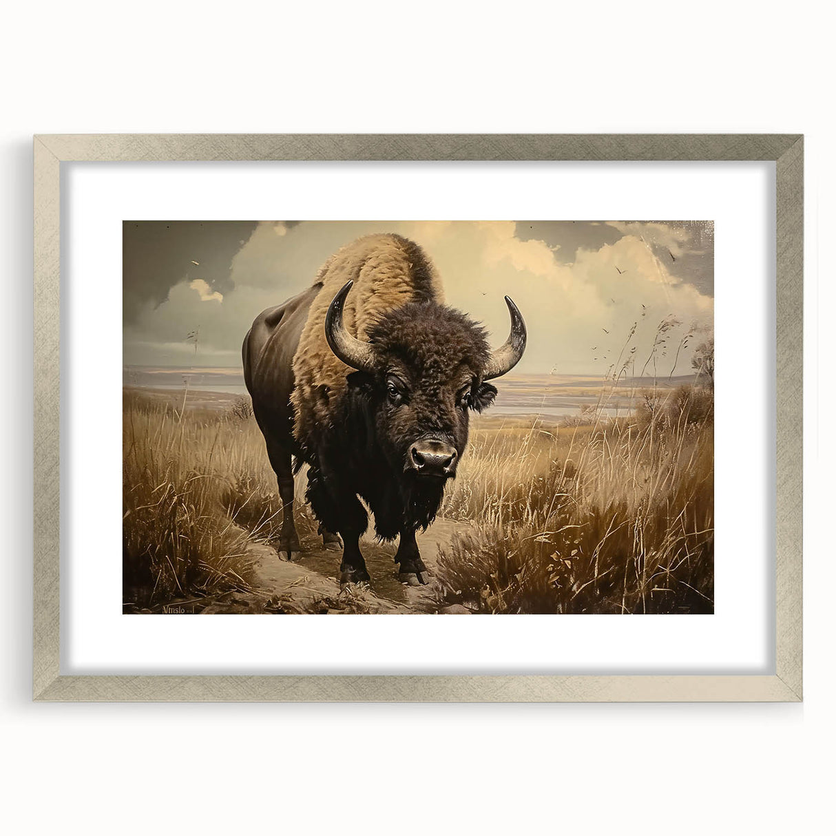 Framed wall art featuring a majestic buffalo design in silver frame with mat, showcasing vibrant wildlife imagery perfect for home decor enthusiasts.
