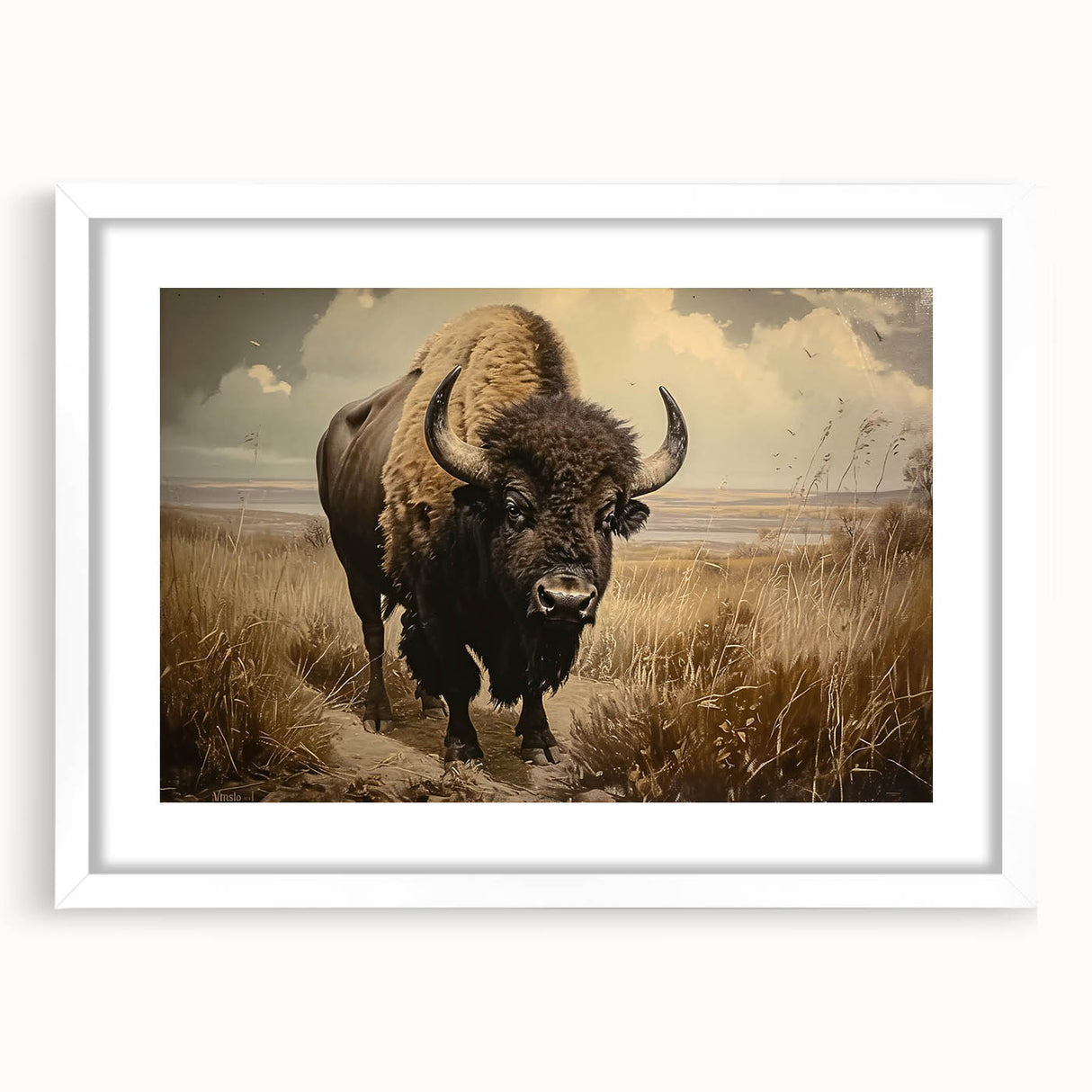 Framed wall art showcasing a striking buffalo design from the "A Bisson Design 26" collection, featuring a white mat and modern aesthetic, ideal for wildlife enthusiasts.