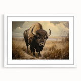 Framed wall art showcasing a striking buffalo design from the "A Bisson Design 26" collection, featuring a white mat and modern aesthetic, ideal for wildlife enthusiasts.
