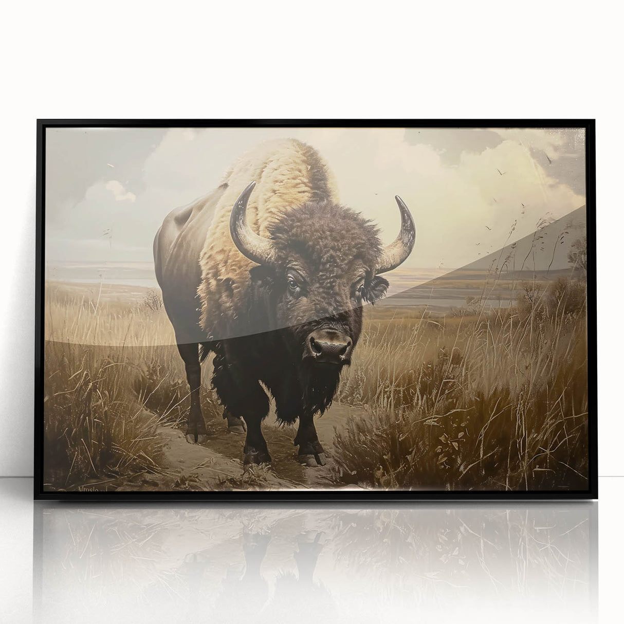Framed wall art featuring a striking design of a buffalo in a wild landscape, showcasing intricate details and vibrant colors, ideal for animal lovers and home decor.