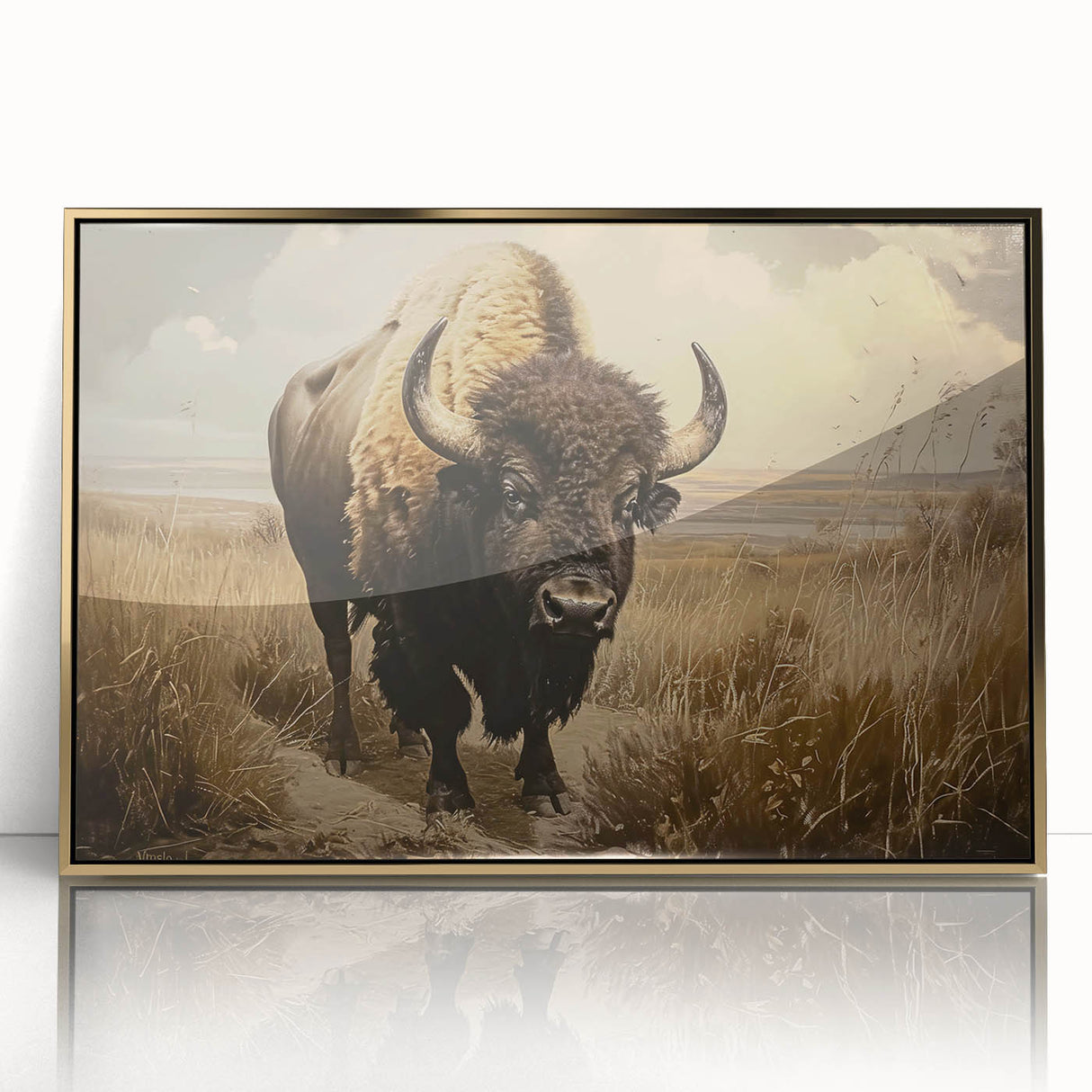 Framed acrylic wall art showcasing a majestic buffalo in a modern design, highlighted with gold accents, perfect for wildlife enthusiasts and stylish decor.