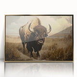 Framed acrylic wall art showcasing a majestic buffalo in a modern design, highlighted with gold accents, perfect for wildlife enthusiasts and stylish decor.