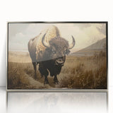 Framed wall art featuring a striking silver-accented buffalo design, showcasing intricate details and vibrant colors, perfect for enhancing modern decor aesthetics.