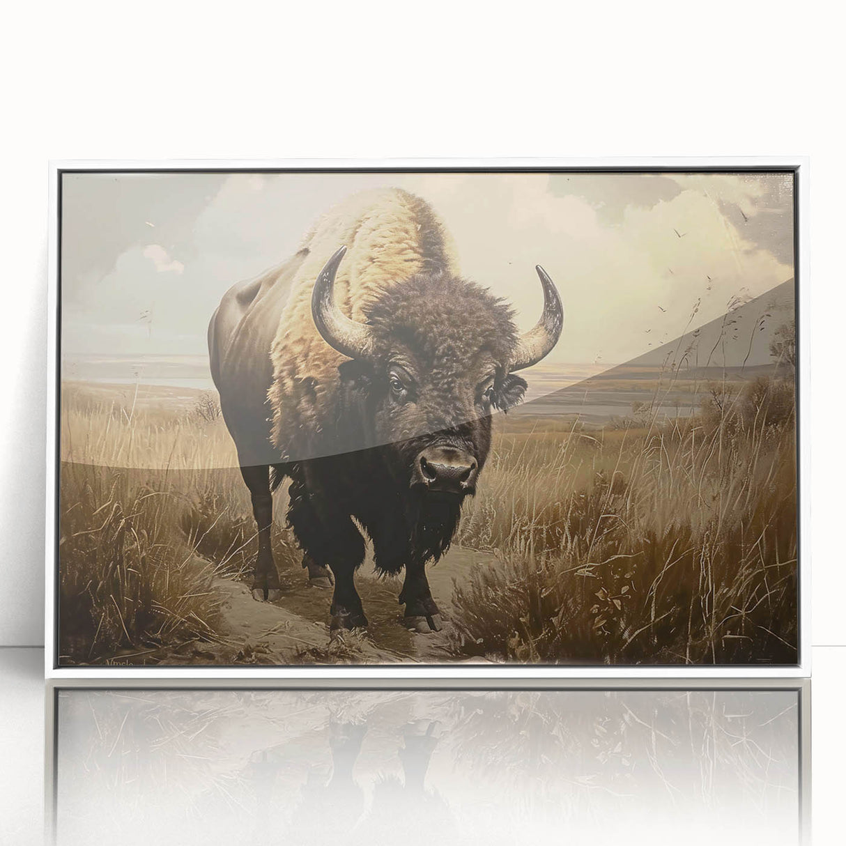 Framed wall art featuring a striking buffalo design in a minimalistic style, set against a white background, perfect for enhancing home decor with a touch of wildlife elegance.