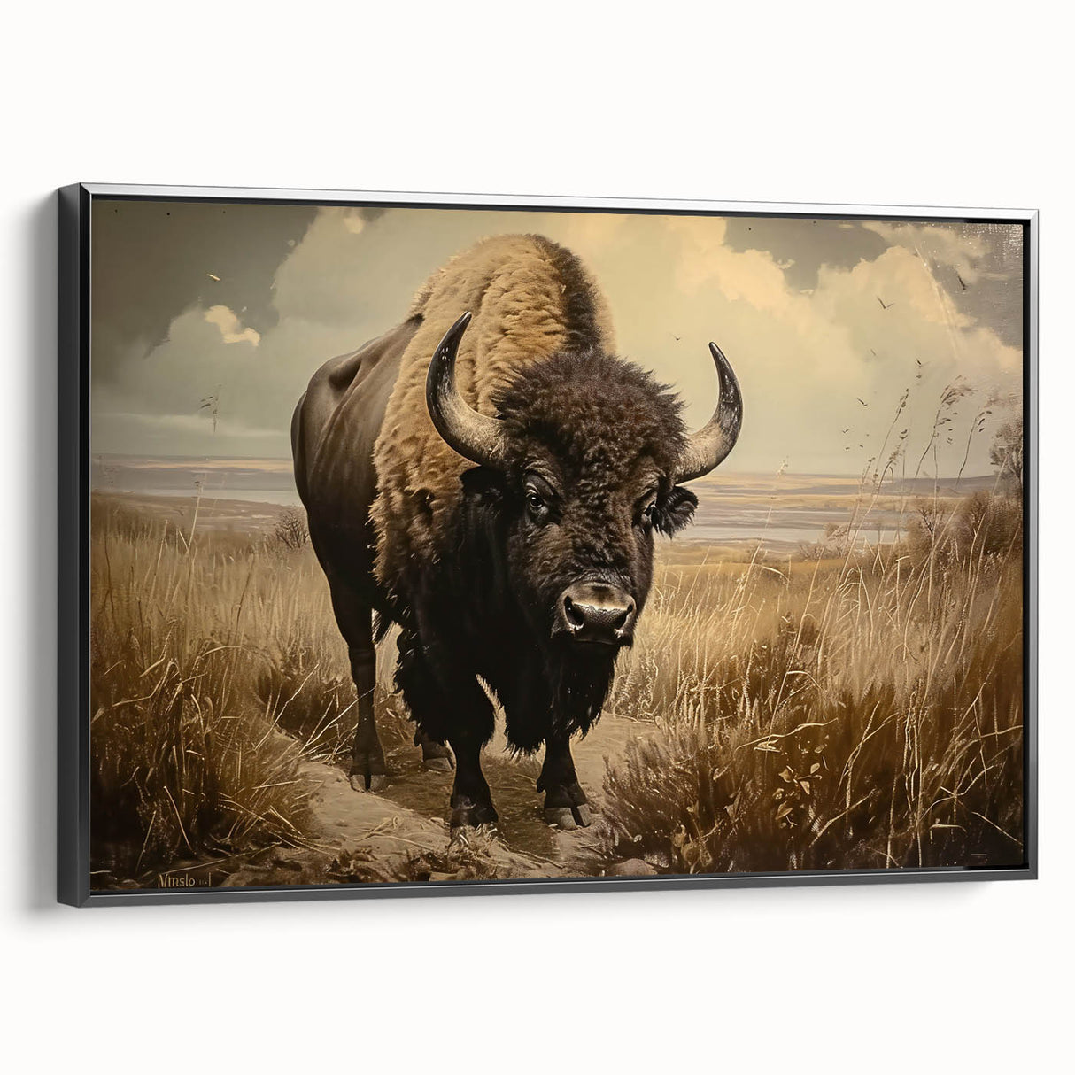 Framed canvas wall art depicting a striking black side view of a buffalo, showcasing intricate details and textures, perfect for wildlife enthusiasts and home decor.