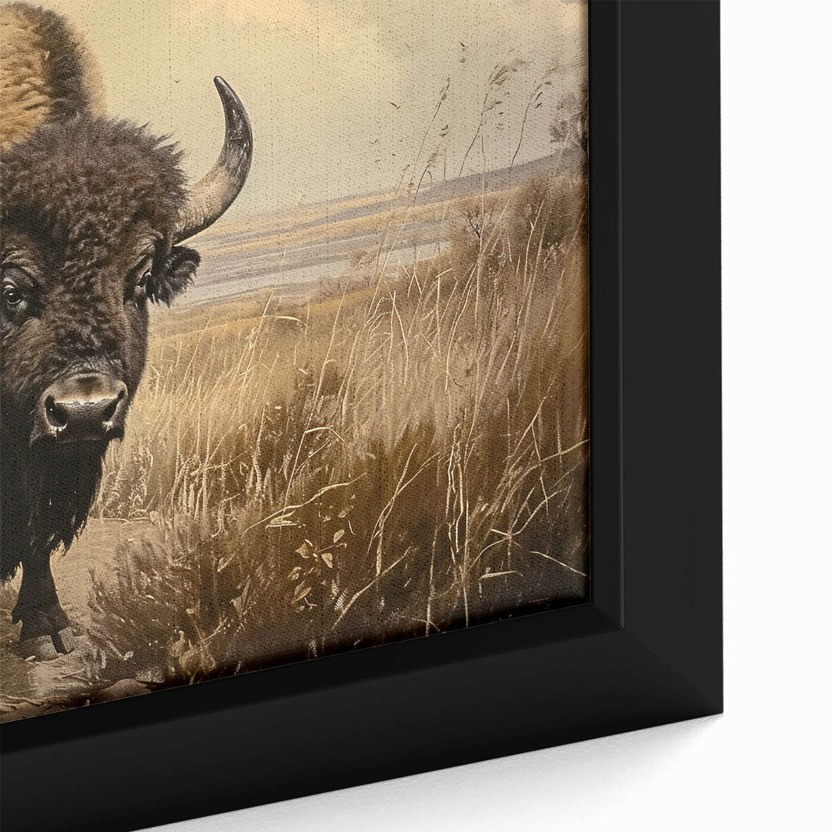 Close-up of a framed canvas wall art piece featuring a detailed design of a bison in a natural setting, showcasing earthy tones and intricate textures, perfect for wildlife enthusiasts.